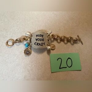 Gold-Tone Charm Bracelet with 'Hide Your Crazy' Plate and Turquoise Accent